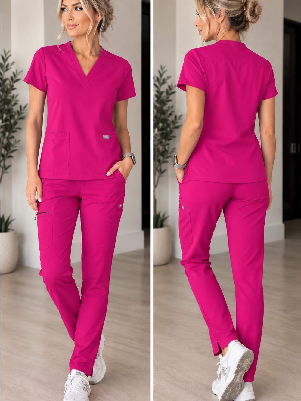 FIGS XS / XS TALL Yola Slim pant Scrub Set - (Raspberry) Hot Pink. LK